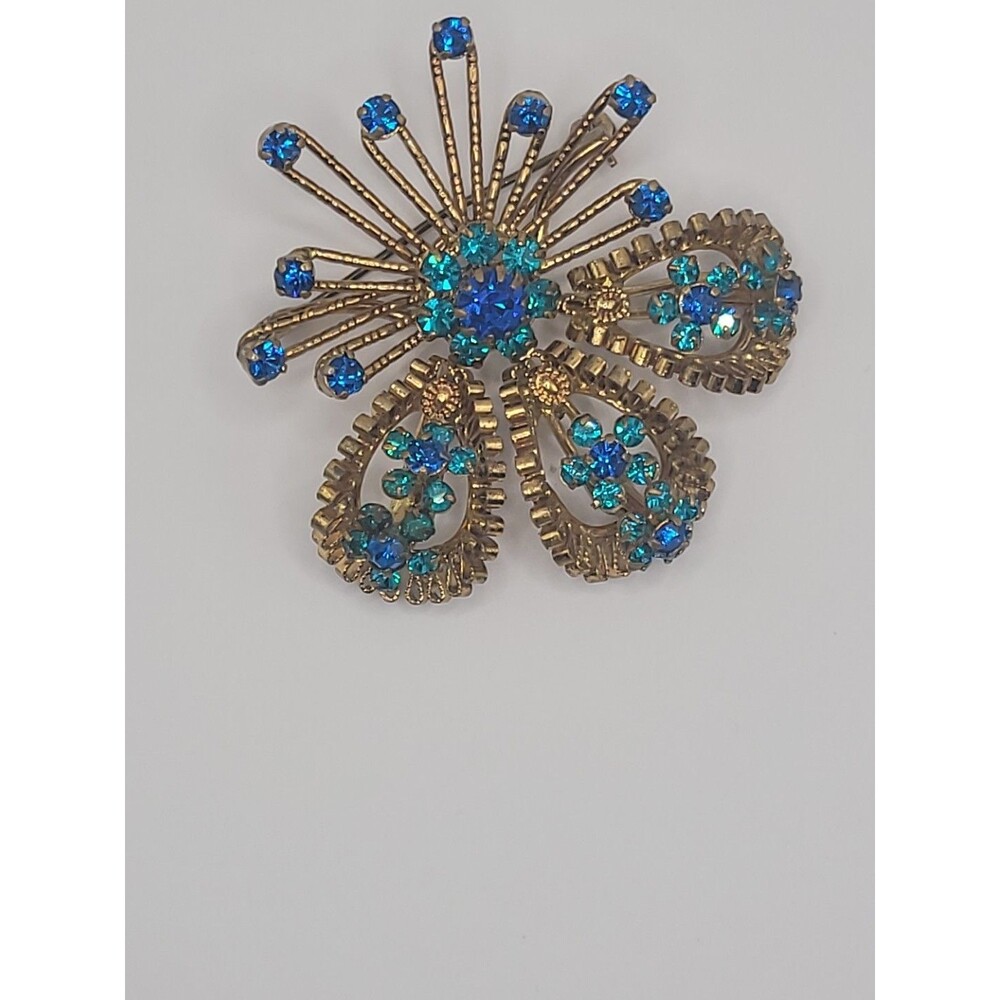 Vintage Brooch Starburst Blue Green Rhinestones Gold Tone Ornate Statement - Picture 4 of 16
